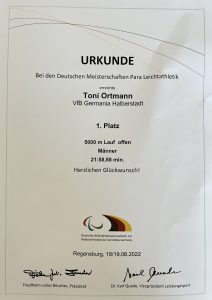 Urkunde von Toni Ortmann von der Paralympischen Meisterschaften 2022.